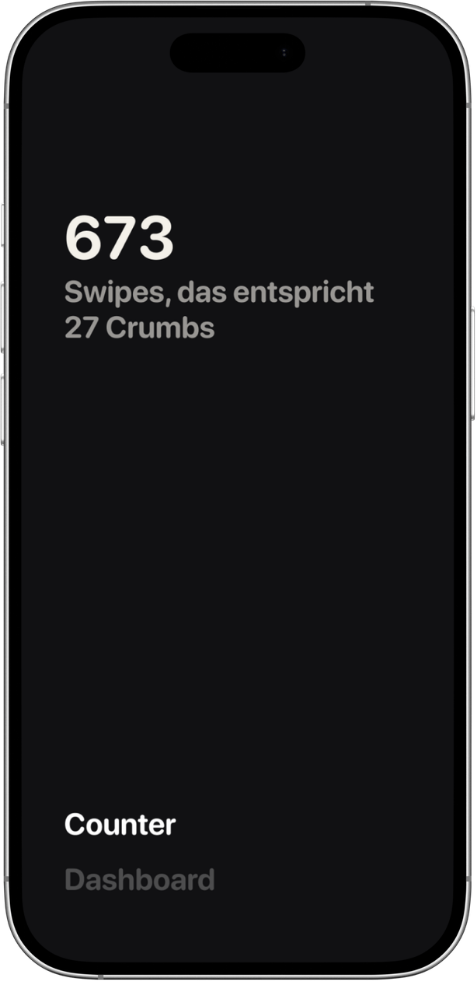 Crumbs App UI – Minimalistischer Counter-Screen mit Swipe-Anzeige und Crumb-Umrechnung