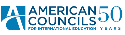 American Councils 50 Years logo with blue text and emblem