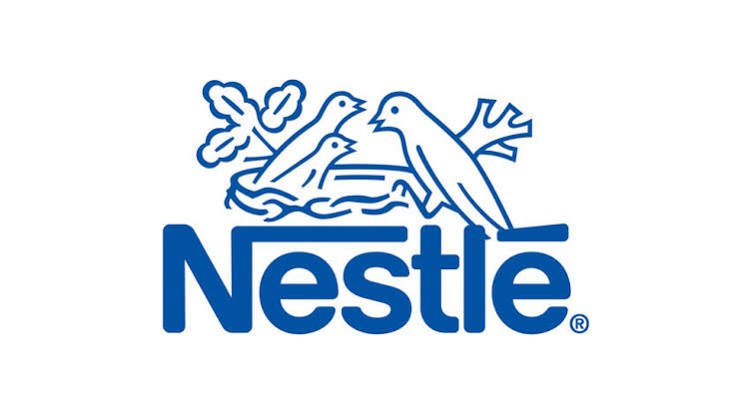Nestlé logo with a stylized depiction of three birds and a tree in blue on a white background.