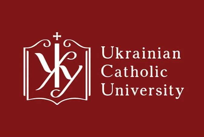 Ukrainian Catholic University logo on a red background with the university's name.