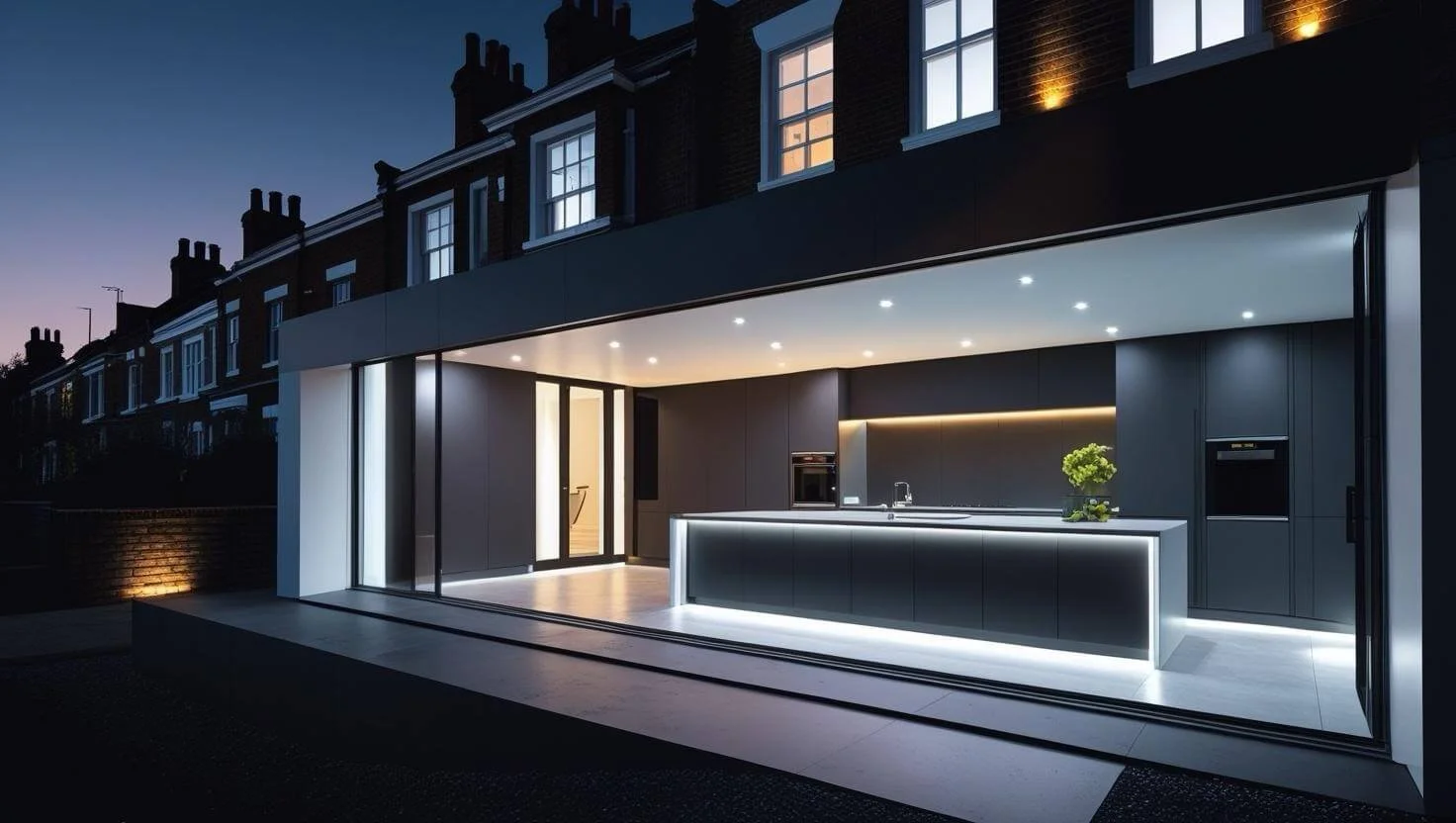 Modern kitchen with illuminated countertop in an open-concept outdoor area at dusk, featuring sleek dark cabinetry, a built-in oven, and minimalistic decor.