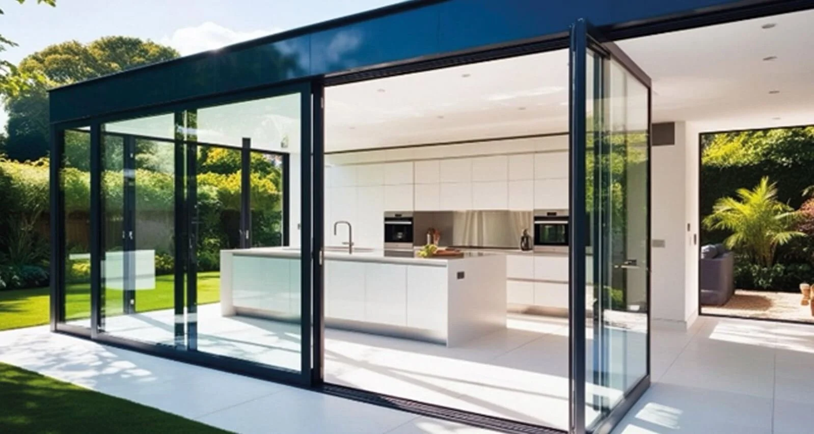 Modern kitchen with large glass sliding doors opening to a lush green outdoor area