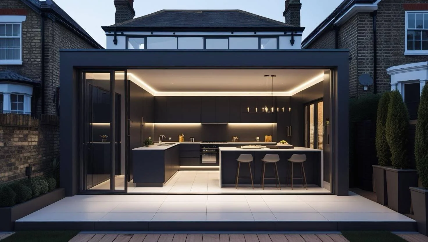 Modern outdoor kitchen with black cabinetry and white countertops, illuminated by LED lighting, featuring a stove, sink, and three bar stools, set against a deck with potted plants and a backyard.