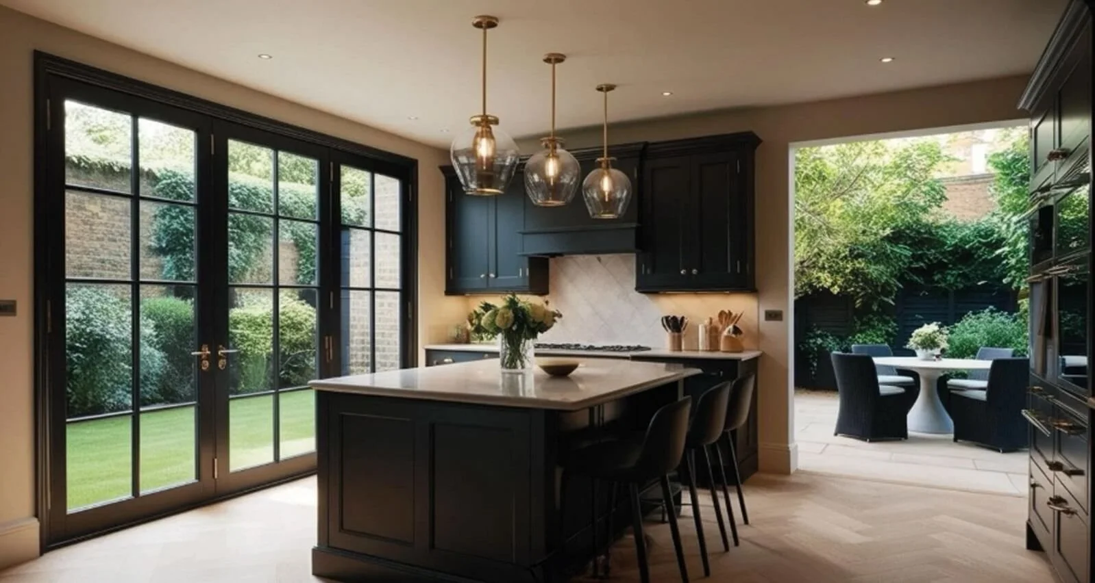 Modern kitchen with black cabinets, island with white marble top, three pendant lights, and large glass doors leading to a garden with outdoor table and chairs.