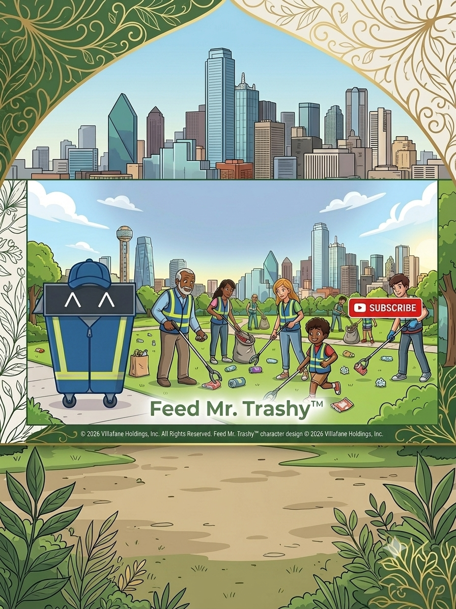 Illustration of a city park scene with diverse people picking up trash, with a Dallas skyline in the background, promoting environmental cleanup, labeled 'Feed Mr. Trashy' with a subscribe button.