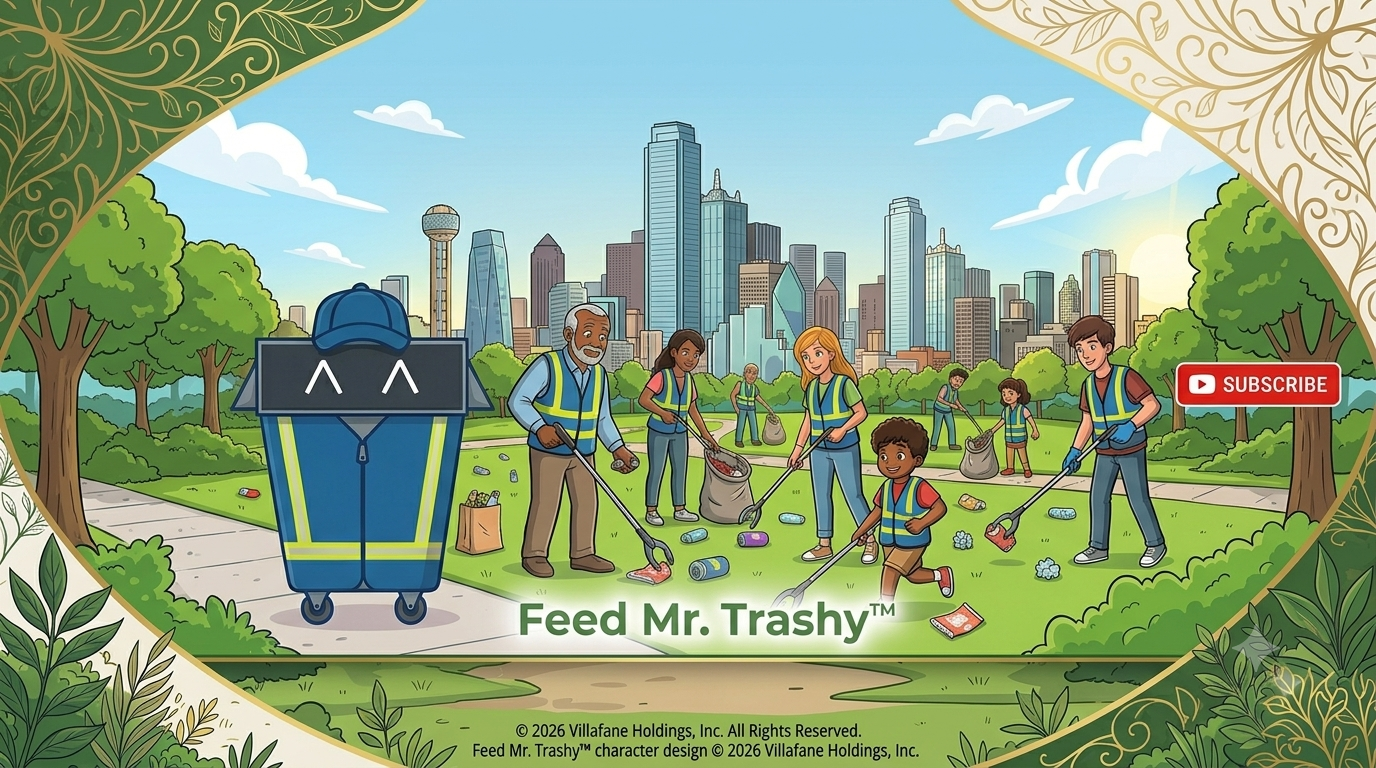 Illustration of a diverse group of people, including children and adults, cleaning a park with litter pickers and trash bags, near a city skyline. There is a large cartoon trash bin with a smiling face and a blue cap. Text reads 'Feed Mr. TrashyTM' and a red 'Subscribe' button is on the right.