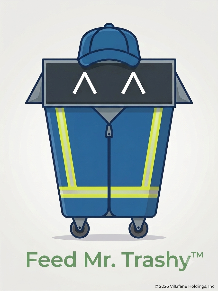 Cartoon trash bin with blue cap, reflective safety vest, and LED panel eyes with the phrase 'Feed Mr. Trashy™' underneath.
