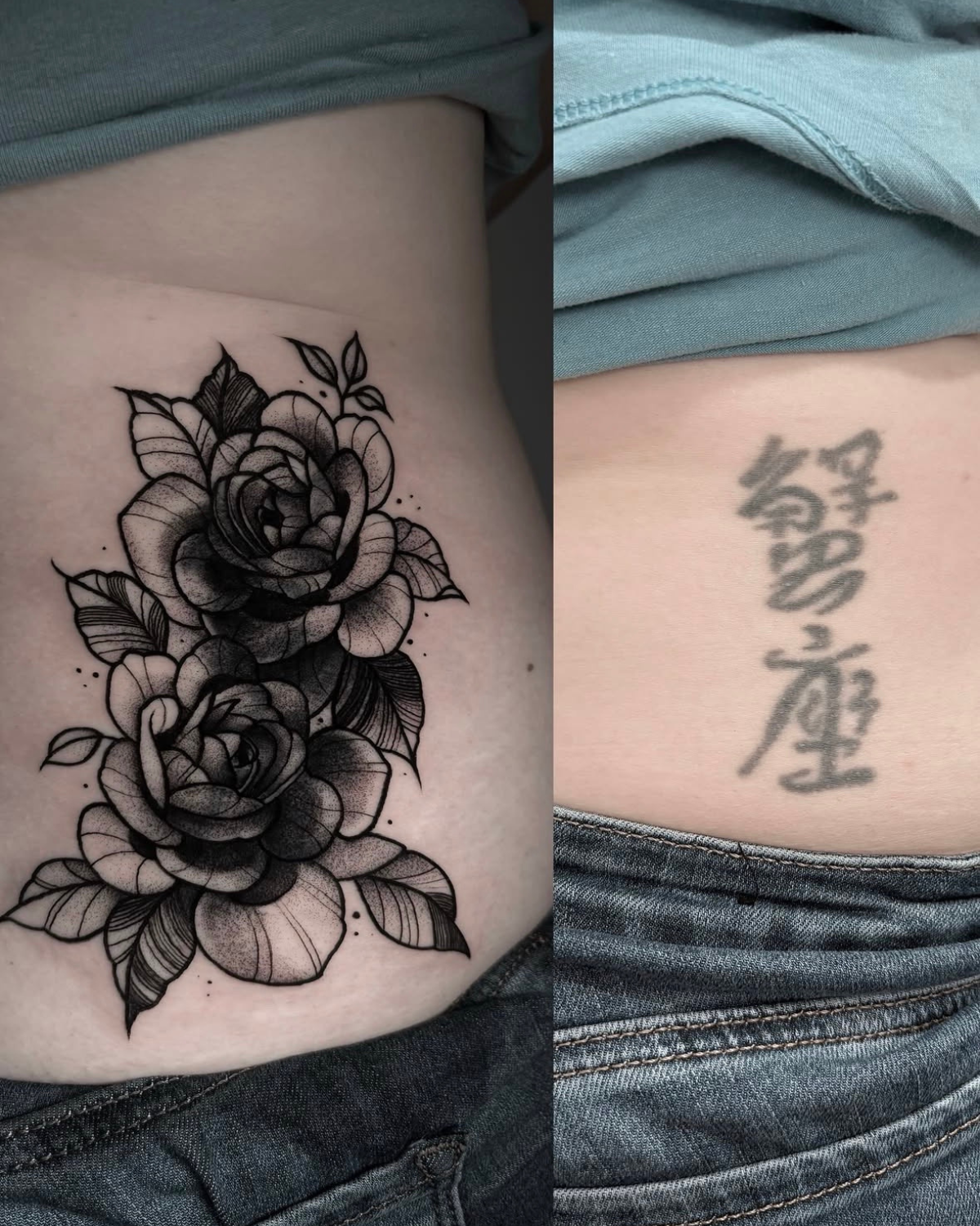 tatuaje cover up flores realizado para mariana pérez en purezas tattoo