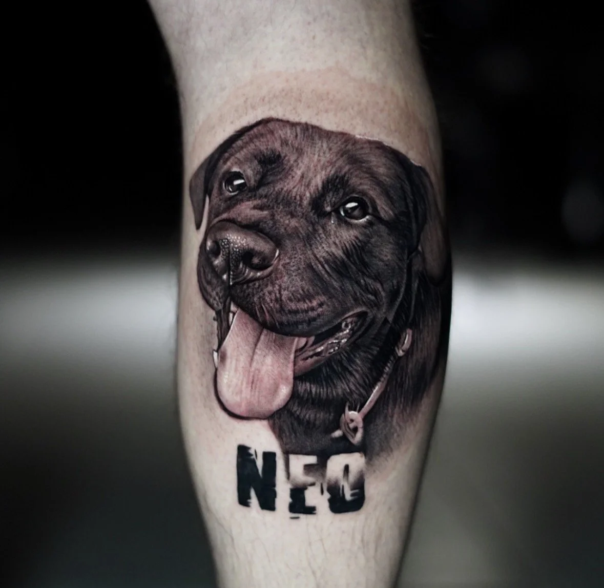 realismo perro pierna realizado en purezas tattoo gandía