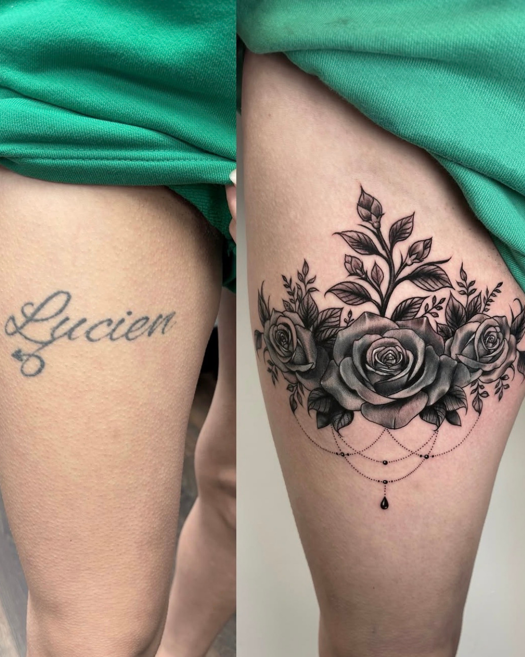 cover up antes después flor pierna en purezas tattoo