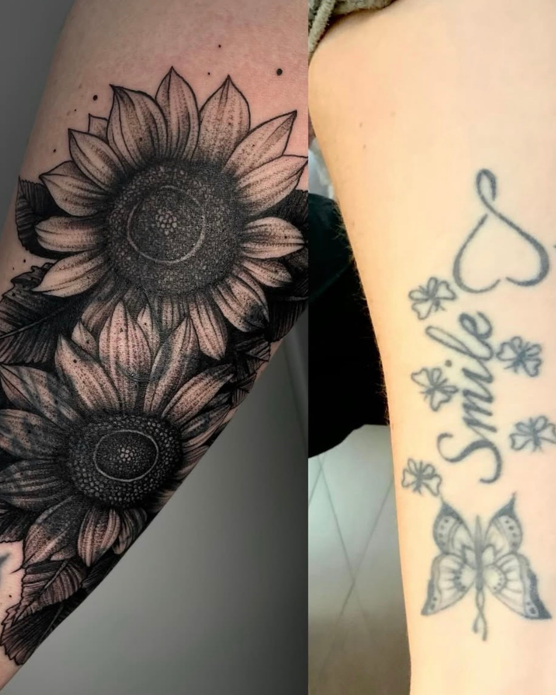 cover up antes después girasoles en purezas tattoo