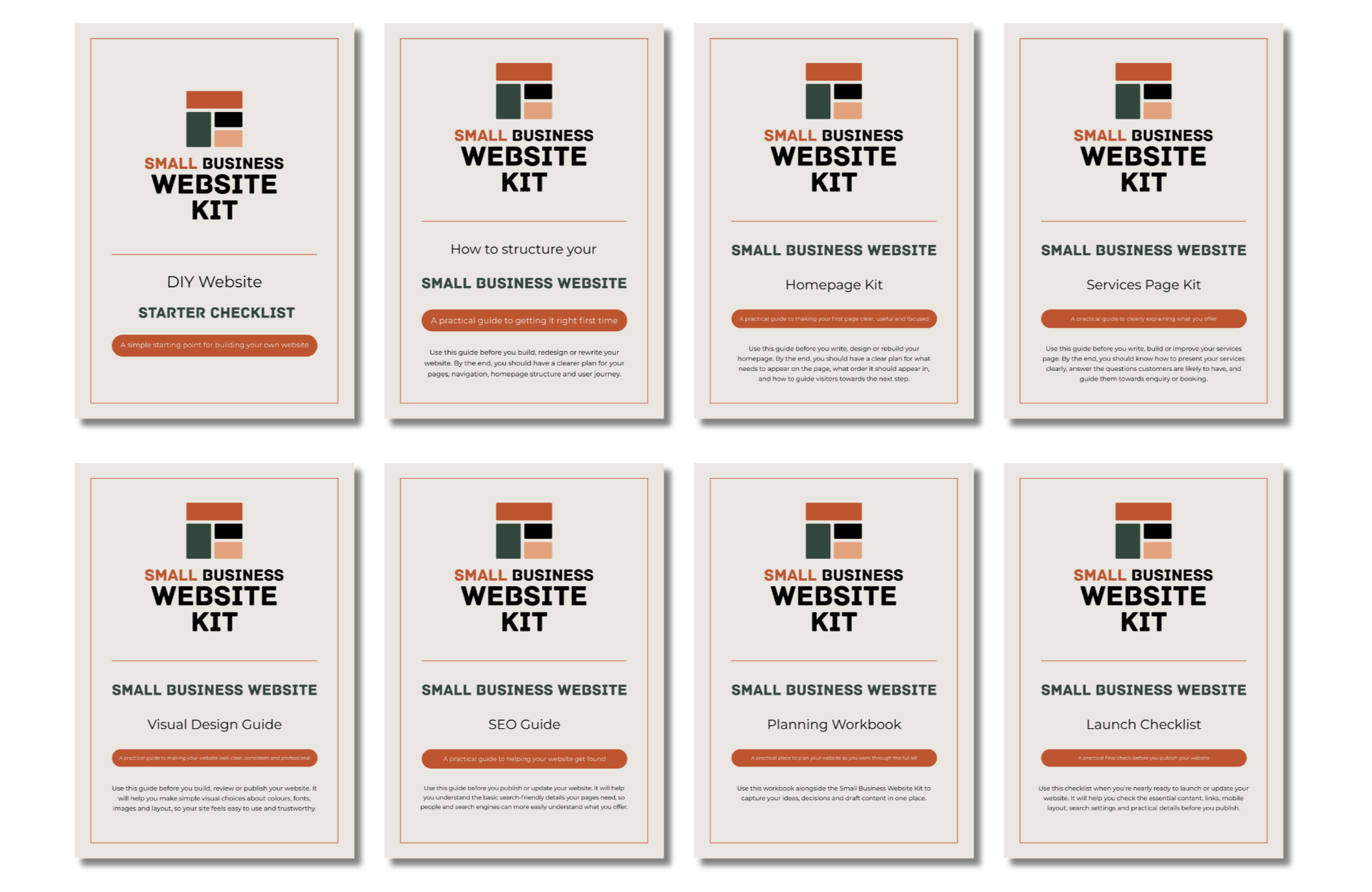Montage image showing the front covers of all the documents included in the Small Business Website Kit