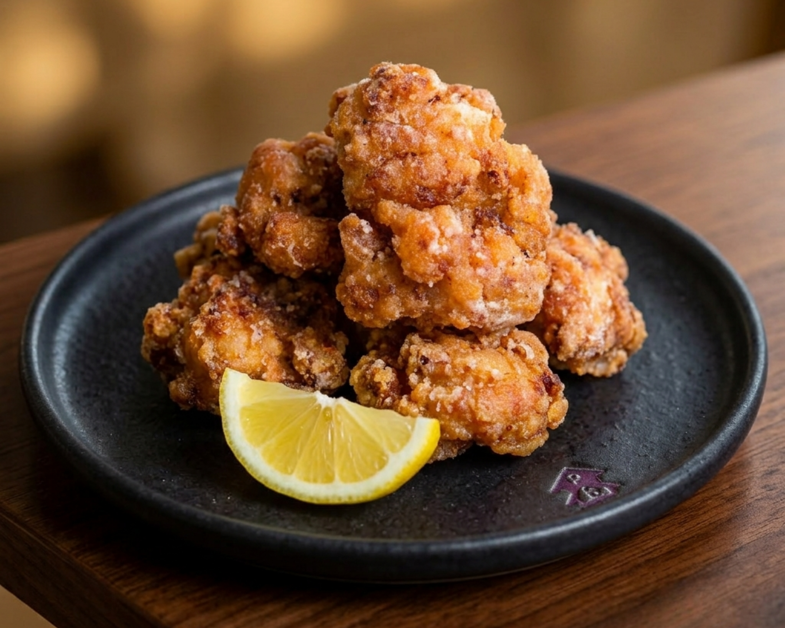 Fried chicken pieces served with lemon slices on a black plate