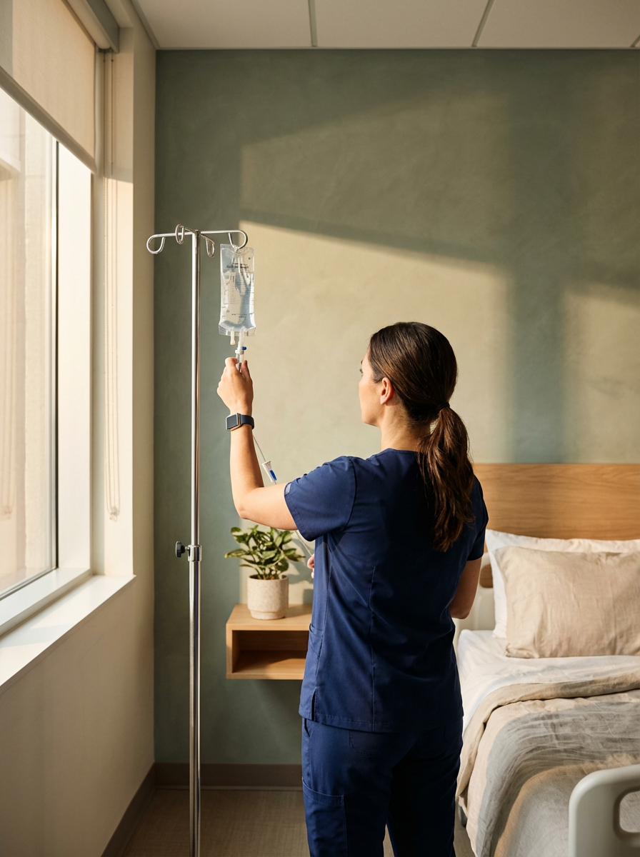 A nurse changing an IV bag in a hospital room near a window with sunlight.