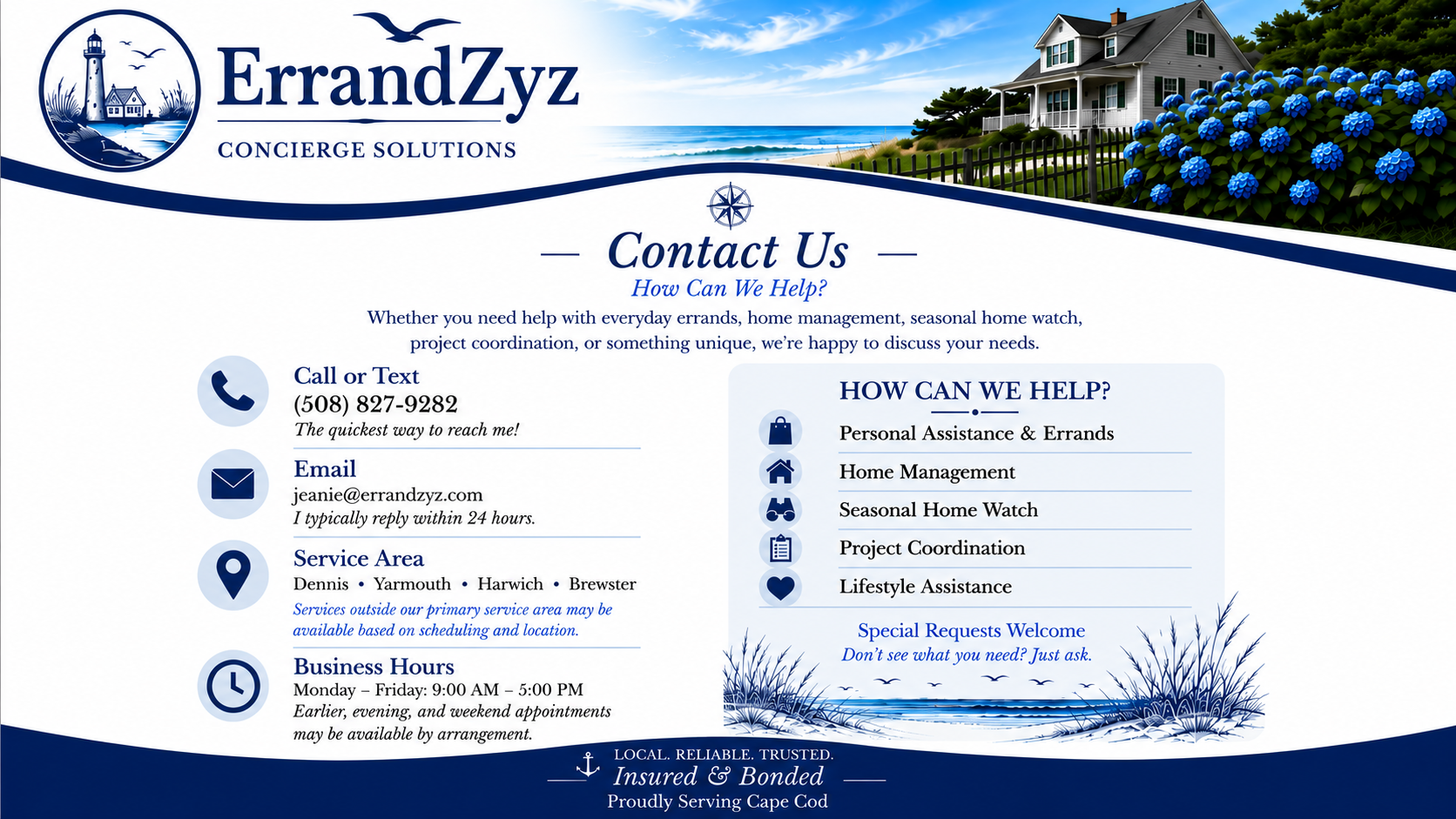 Contact information for ErrandZyz Concierge Solutions, including phone number, email, service areas, business hours, and a list of services such as personal assistance, home management, seasonal home watch, project coordination, and lifestyle assistance, with a decorative seaside background and a logo featuring a lighthouse.