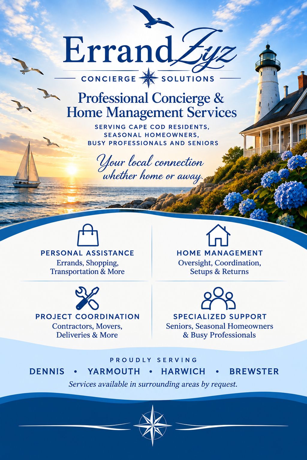 Promotional flyer for ErrandZyz Concierge Solutions, offering personal assistance, errands, home management and seasonal home watch services on Cape Cod, Massachusetts.