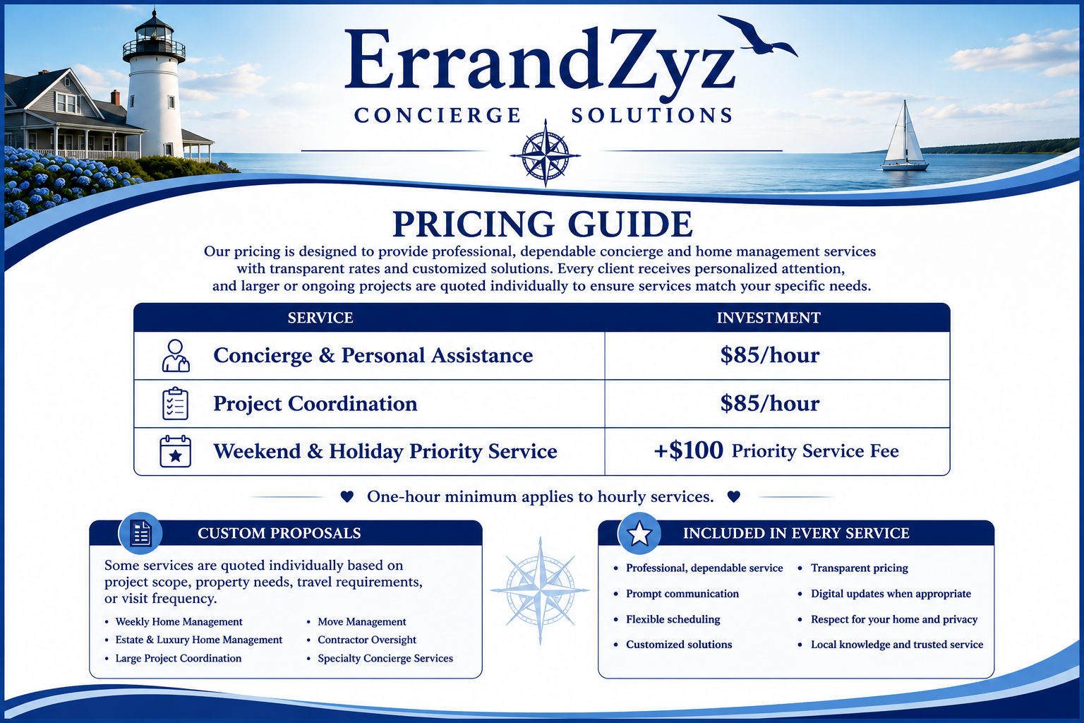 Pricing guide for ErrandZyz with a lighthouse, house, and sailboat in the background, featuring service and investment details for concierge and home management services.