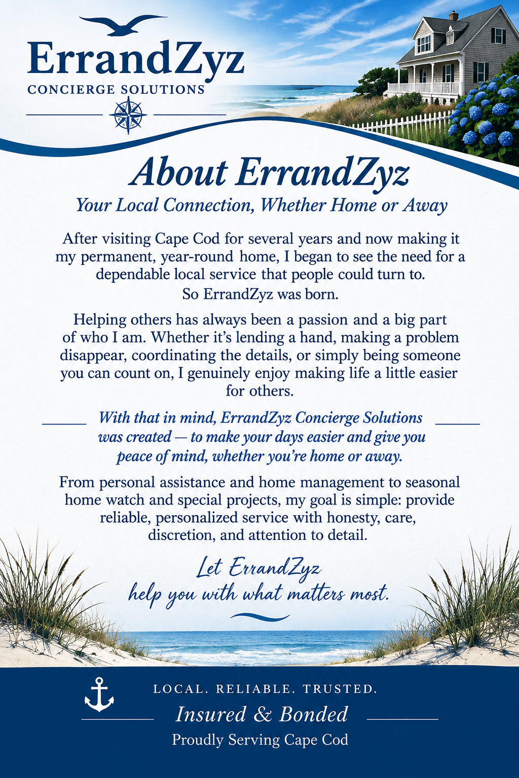 Informational flyer for ErrandZyz Concierge Solutions describing personalized concierge assistance, errands and home management services for Cape Cod residents and homeowners.