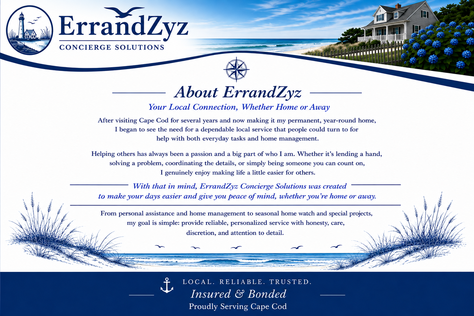 About ErrandZyz Concierge Solutions, a locally based Cape Cod concierge service providing dependable, personalized assistance tailored to each client's needs.