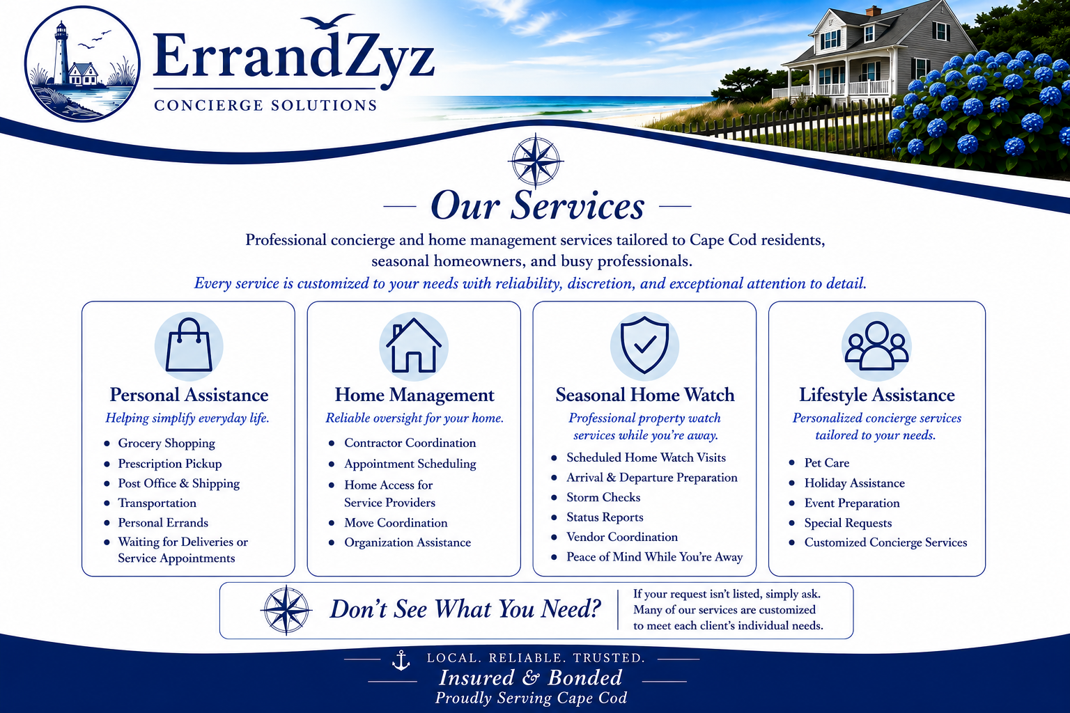 Flyer for ErrandZyz Concierge Solutions featuring a house with a porch, blue hydrangea bushes, a beach, and a house on a hill in the background. Text describes services including personal assistance, home management, seasonal home watch, and lifestyle assistance.