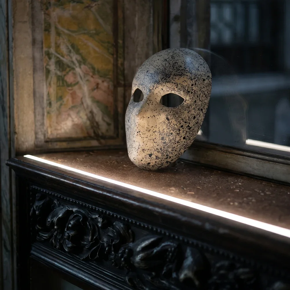 Maschera scultorea in amalgama di magnesite Mg0 firmata Ivan Ricupero. L'opera è adagiata su una modanatura classica in legno, a sua volta interamente rivestita in magnesite nera. Sottolineata da un taglio di luce lineare.