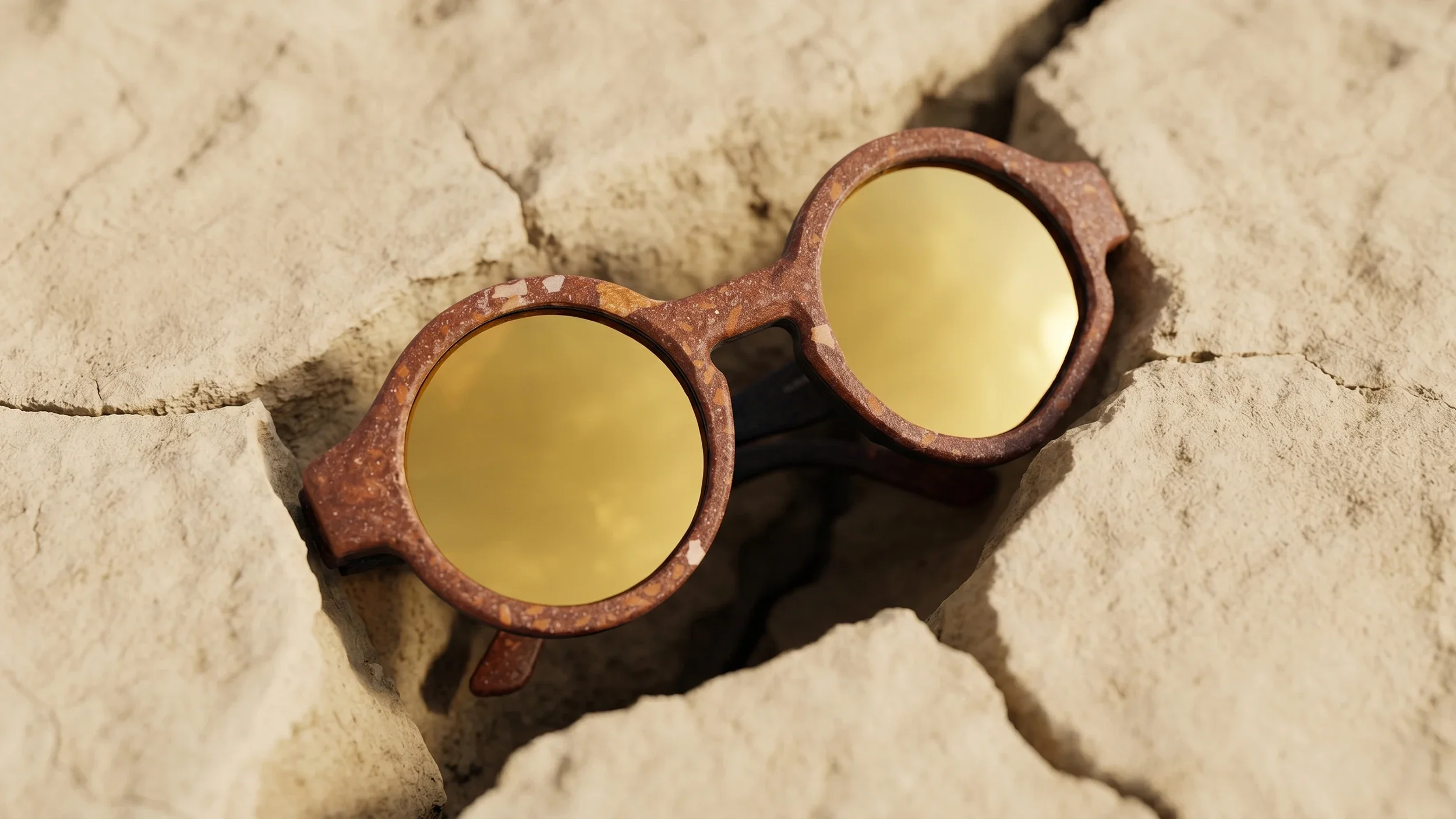 Occhiali da sole scultura nati dalla sinergia tra la designer Manuela Sandri e Ivan Ricupero. La montatura  è sublimata da un rivestimento materico e tattile in magnesite e mattone.