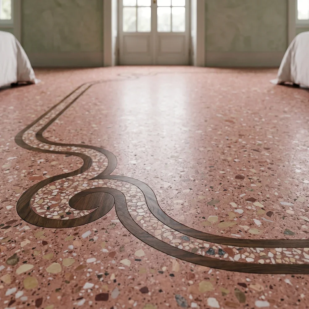 Pavimentazione continua per interni d'autore firmata Ivan Ricupero. Stesa a mano in magnesite, impreziosita da inerti materici che richiamano il battuto veneziano, attraversata da un elegante intarsio sinuoso in legno.