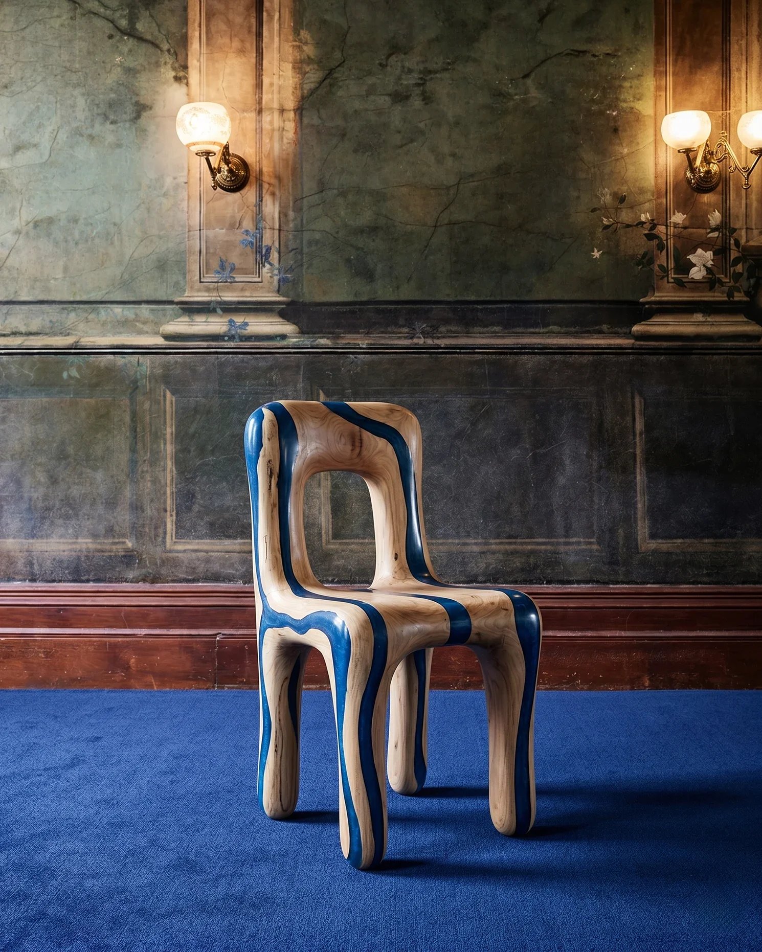 Sedia di collectible design realizzata da Ivan Ricupero. Linee organiche in legno, attraversata da intarsi in magnesite color blu intenso. Ambientata in un salone con pareti affrescate e moquette blu che richiama i dettagli dell'intarsio.