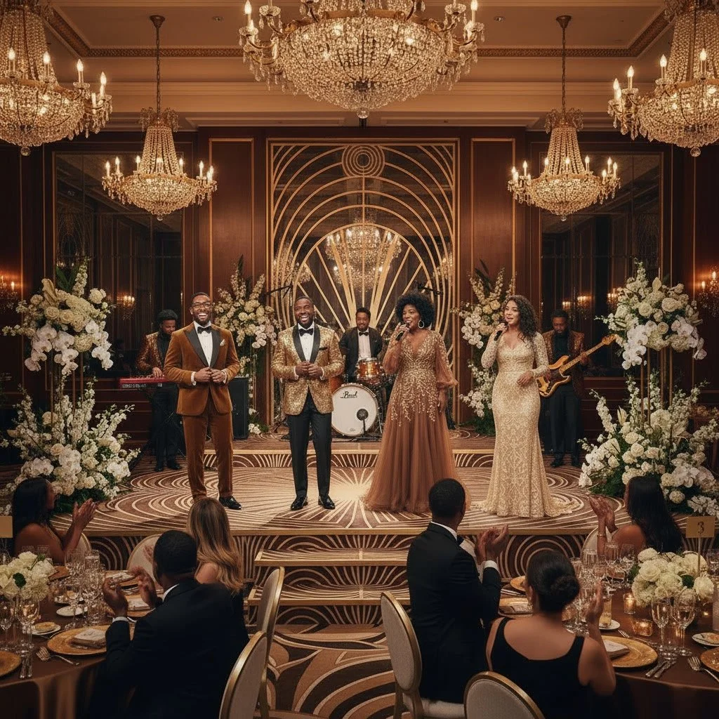 Eine elegante Veranstaltung mit einem Live-Musikauftritt in einem festlichen, luxuriösen Raum mit Kronleuchtern und weißen Blumen, bei der die Sängerin und die Gäste applaudieren.