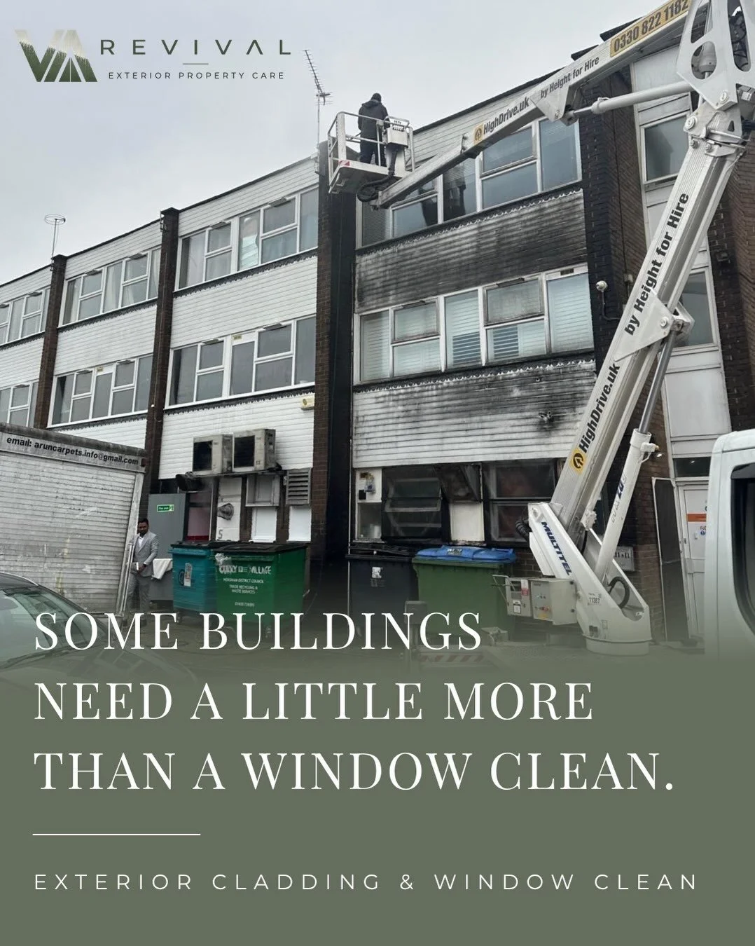 Some jobs need a ladder.
Some need a water-fed pole.
Some need considerably more machinery.

This one, in Billingshurst, Sussex, was definitely in the third category.

Commercial exterior cleaning, whatever the height, whatever the grime.

Revival | 