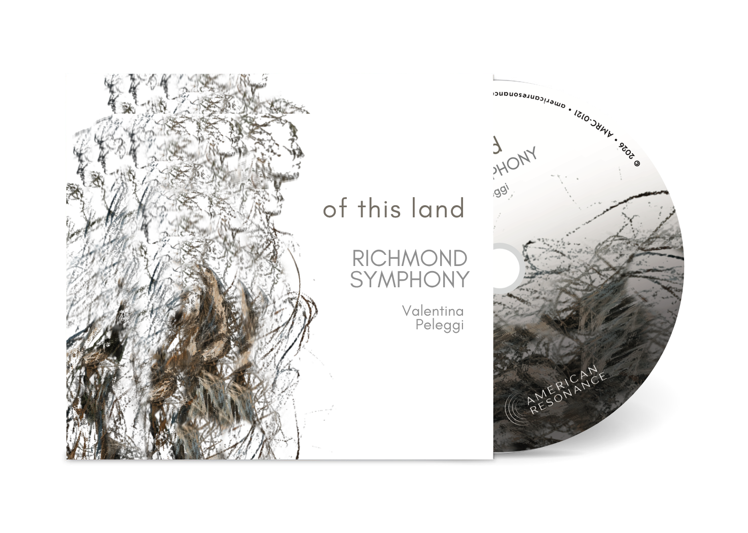 A CD and its cover art for 'Of This Land' by Valentina Peleggi, featuring abstract artwork of tree branches and foliage with cityscape reflections.