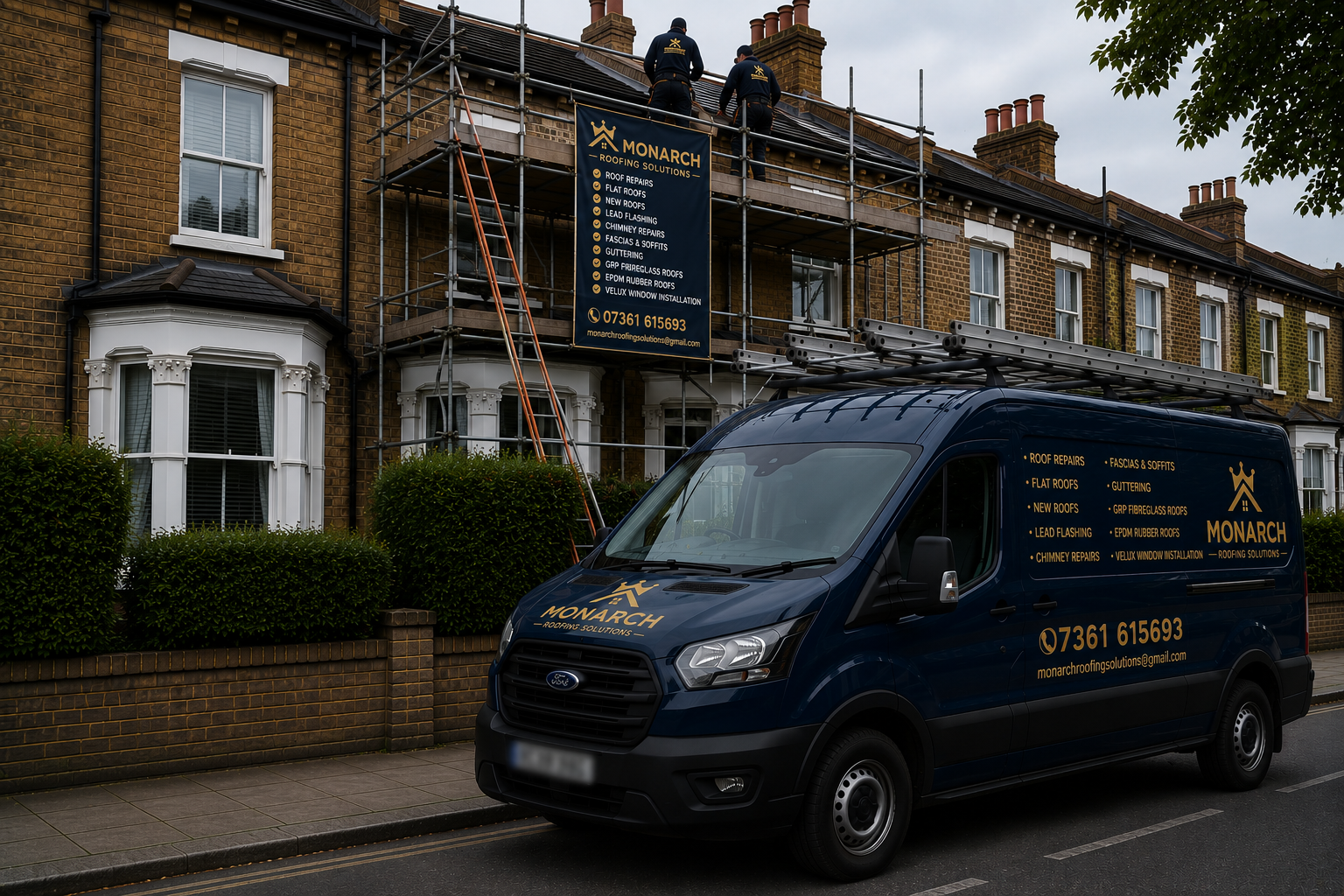 Monarch Roofing & Building Solutions scaffolding, roofing contractor and Ford Transit van carrying out roof repairs in West London.