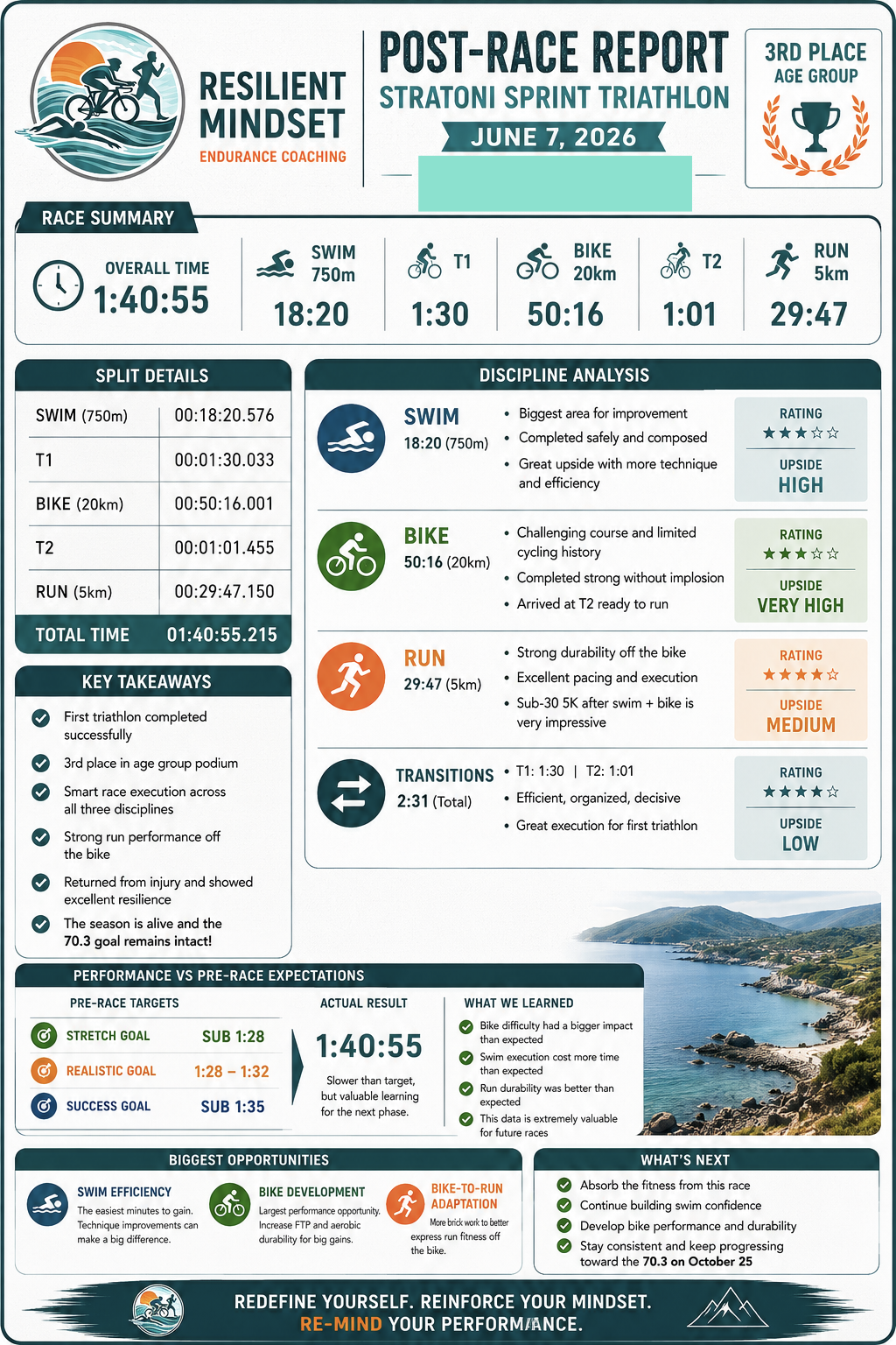 Post-race report for the Straton Sprint Triathlon on June 7, 2026, showing a third-place finish in the 3-5 age group, with overall times for swim, T1, bike, T2, and run, along with analysis, key takeaways, performance comparison, and opportunities for future improvement.