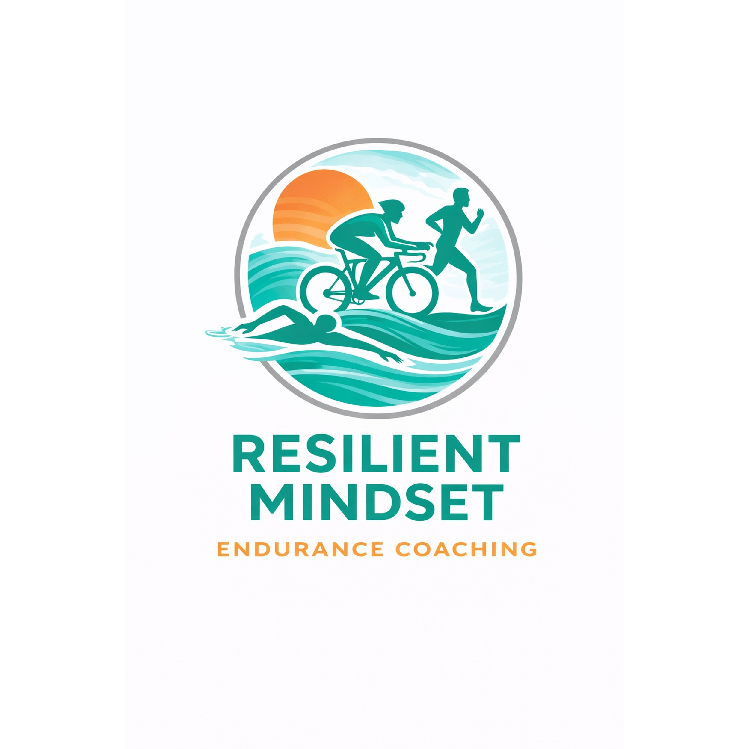Logo featuring a cyclist, a runner, and a swimmer within a circle, with a sun and waves in the background, and the words 'Resilient Mindset' above and 'Endurance Coaching' below.