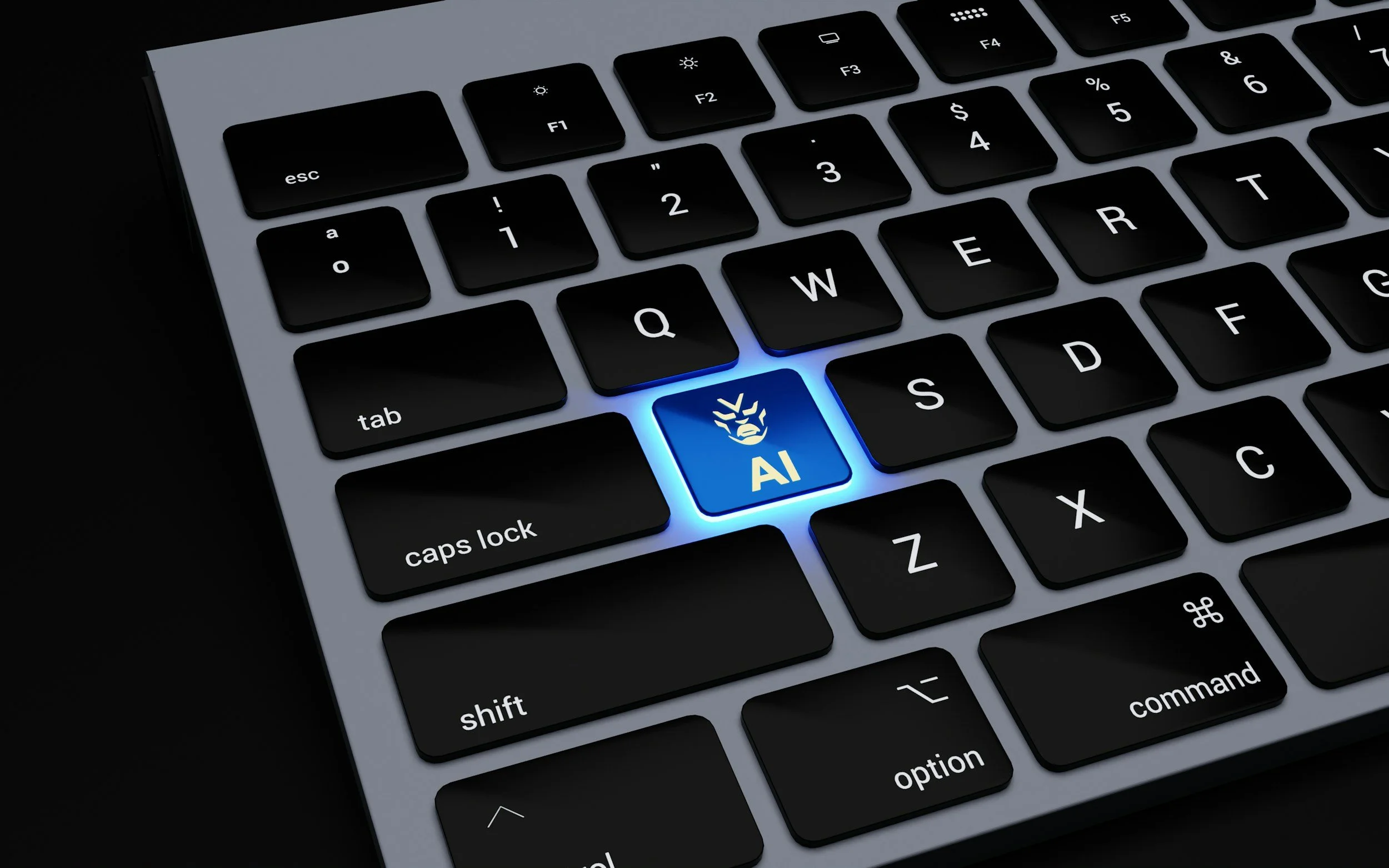 Close-up of a computer keyboard highlighting a key with an AI icon and glowing blue outline.
