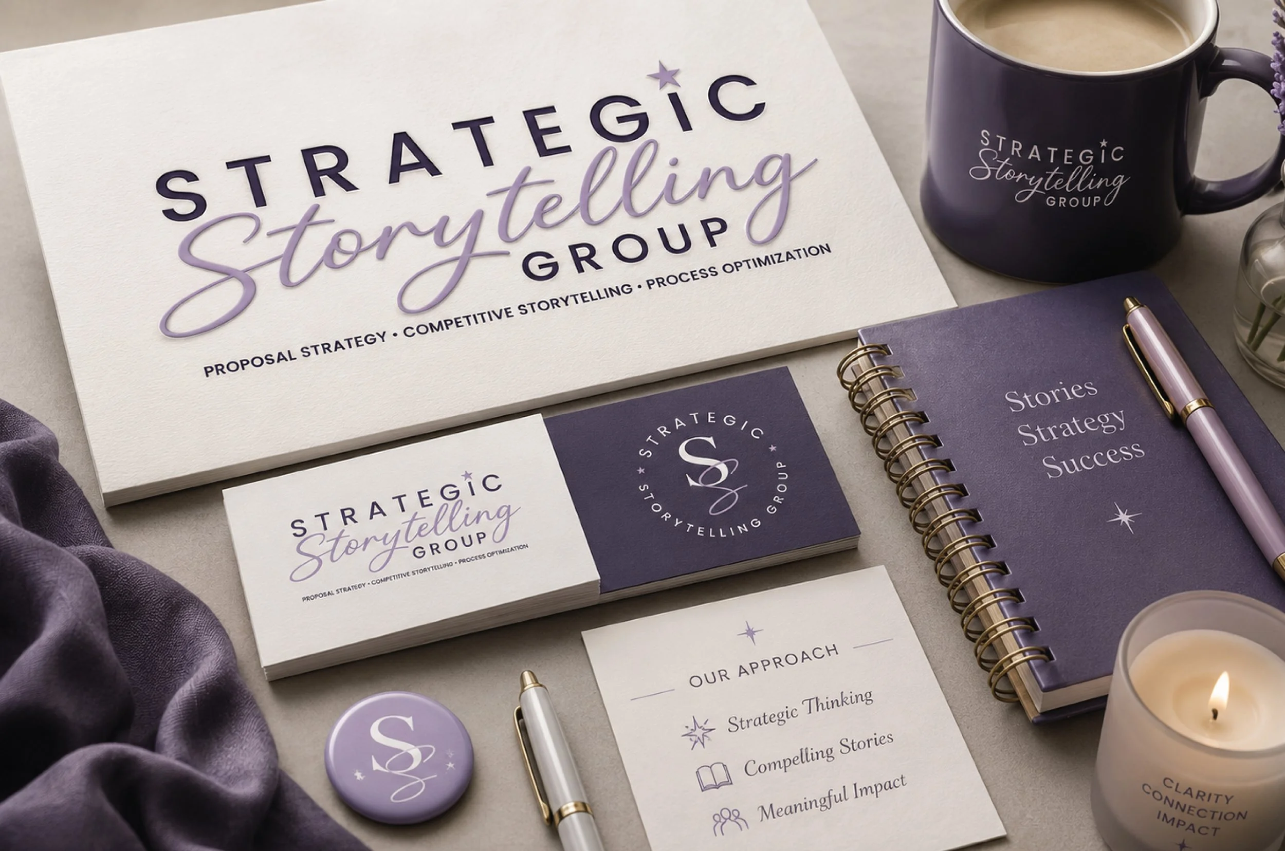 Business materials for 'Strategic Storytelling Group,' including a large white poster, business cards, a purple notebook, a pen, a purple mug with the logo, and a lit candle, all arranged neatly on a table.