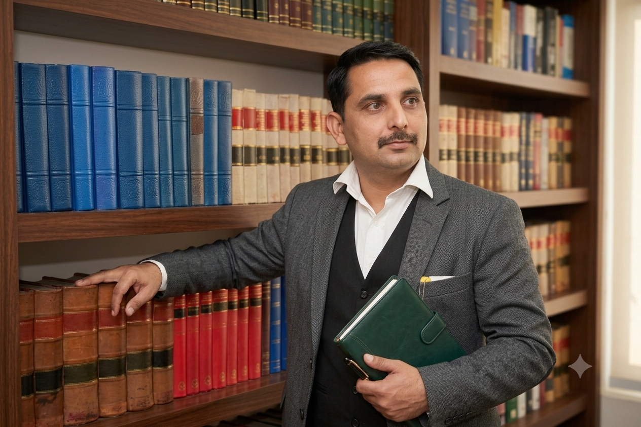 Advocate Manoj Rana  in a gray suit and white shirt standing in front of a wooden bookshelf filled with law books, holding a green notebook.