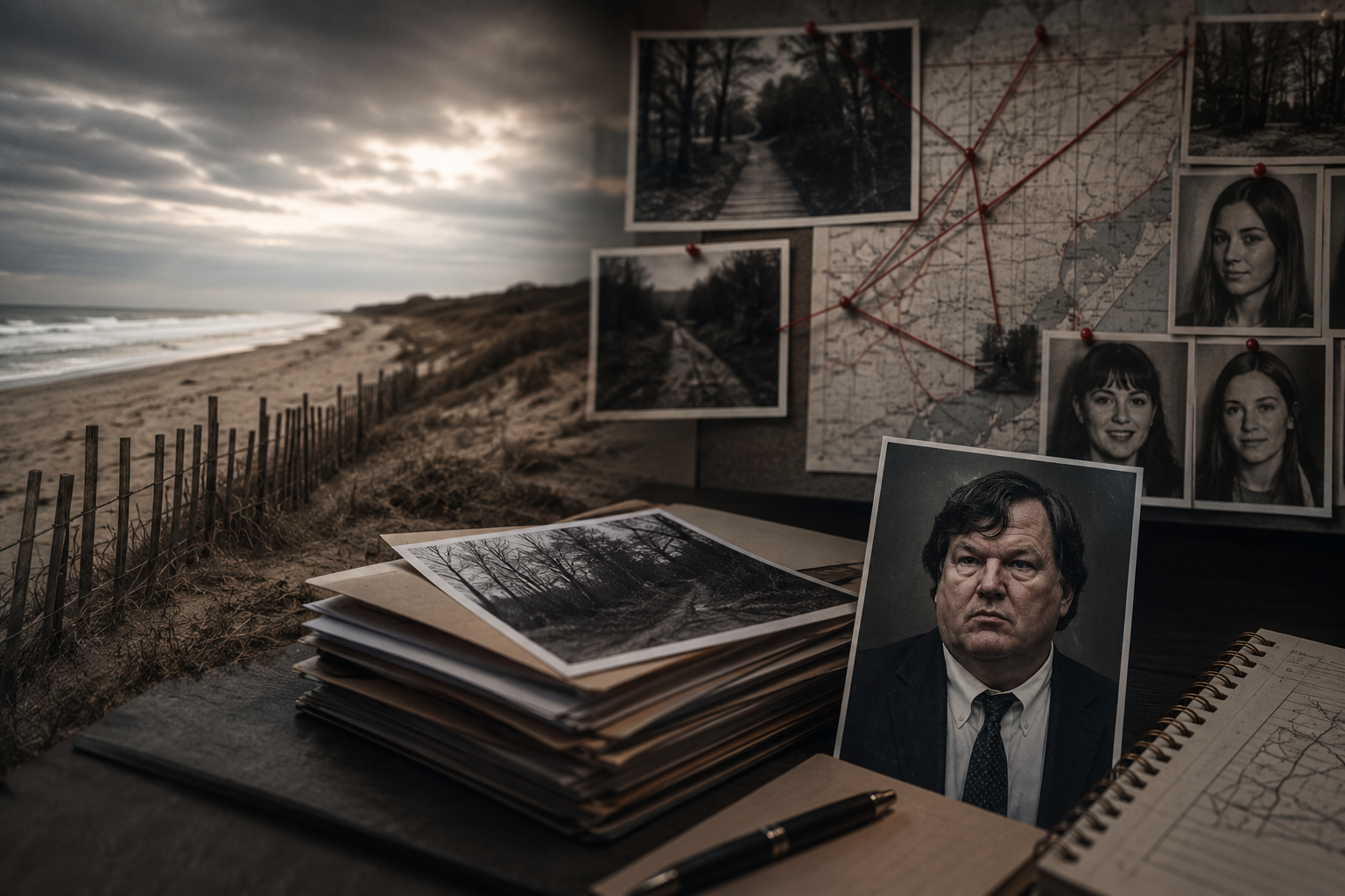 A detective's investigation board with photos, maps, and strings connected in a crime scene analysis, set against a coastal landscape background with a cloudy sky.
