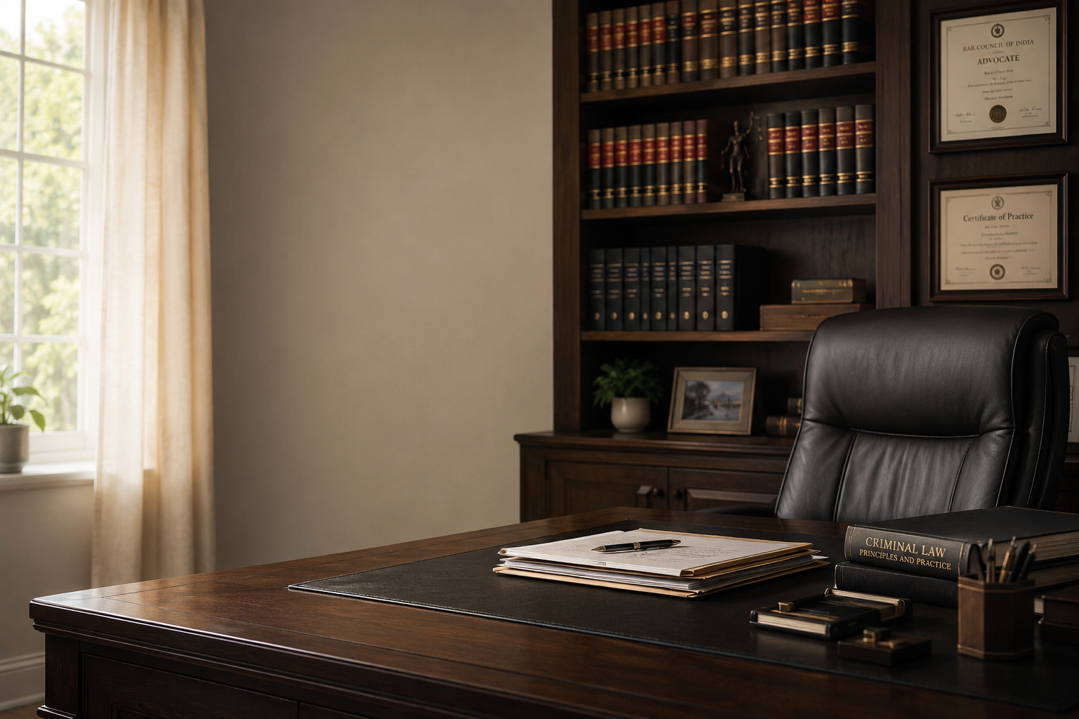 An office with a wooden desk, black leather chair, and a wooden bookshelf filled with legal books, framed certificates, a small potted plant, and a photograph.