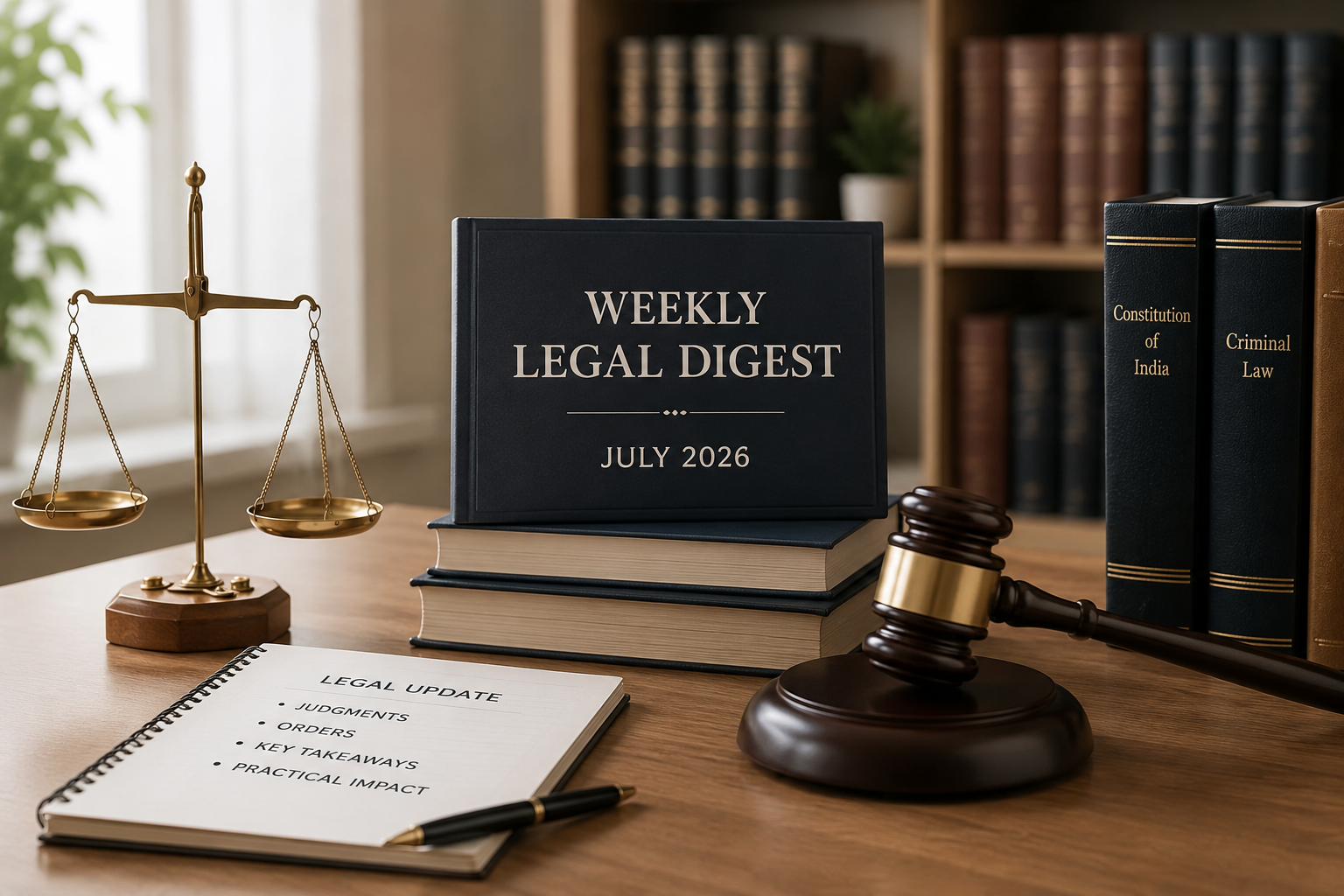 Legal books, a gavel, a scale of justice, and a legal update notepad on a wooden table in a law office setting.