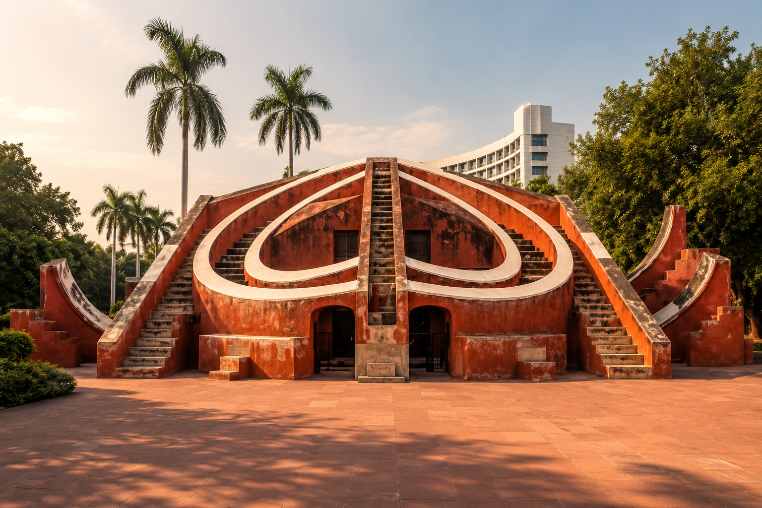 A historical monument with red steps and white accents, surrounded by palm trees and modern buildings in the background, under a sunny sky.