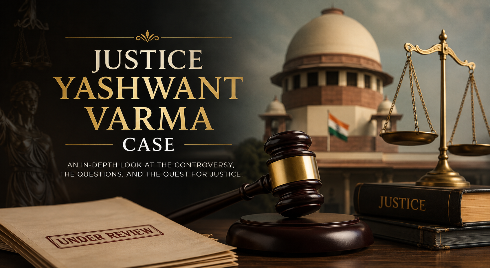 A legal themed promotional image featuring a gavel, a scale, a law book marked 'Justice,' and an official government building with the Indian flag in the background. The text reads 'Justice Yashwant Varma Case' and describes an in-depth look at a controversial case.