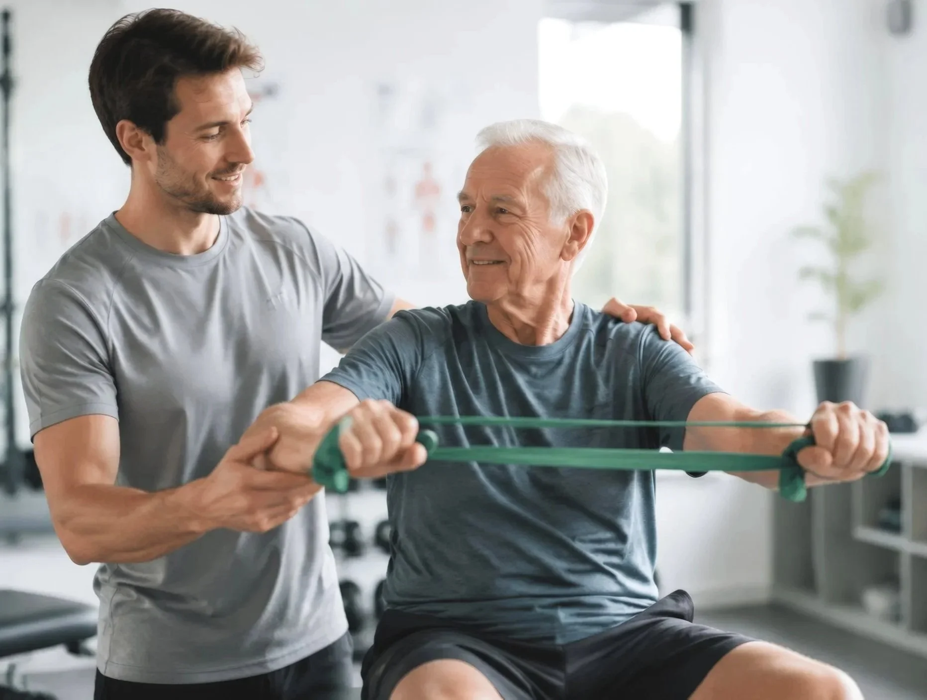 A young man assisting an elderly man with exercise using resistance bands in a gym.  Personal Training for the over 50's. Ramsbury, Wiltshire.