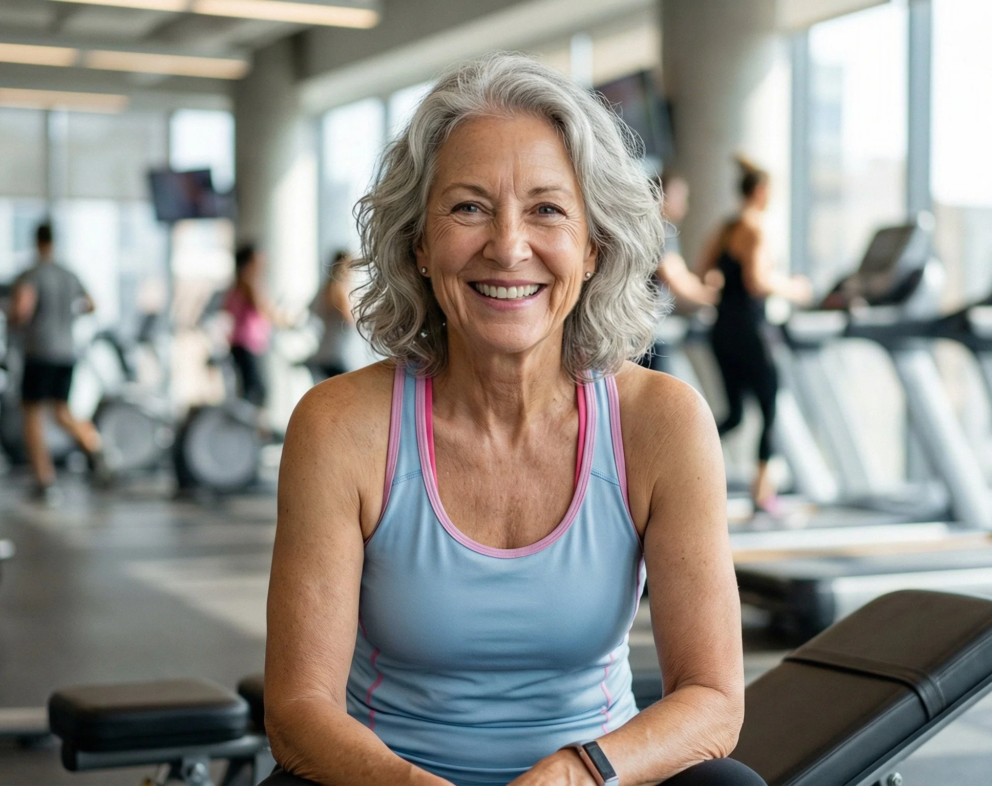 An older woman with gray curly hair smiling at the camera in a gym, wearing a light blue workout top with pink trim, with treadmills and other people exercising in the background.  Personal Training for the over 50's. Ramsbury, Wiltshire.