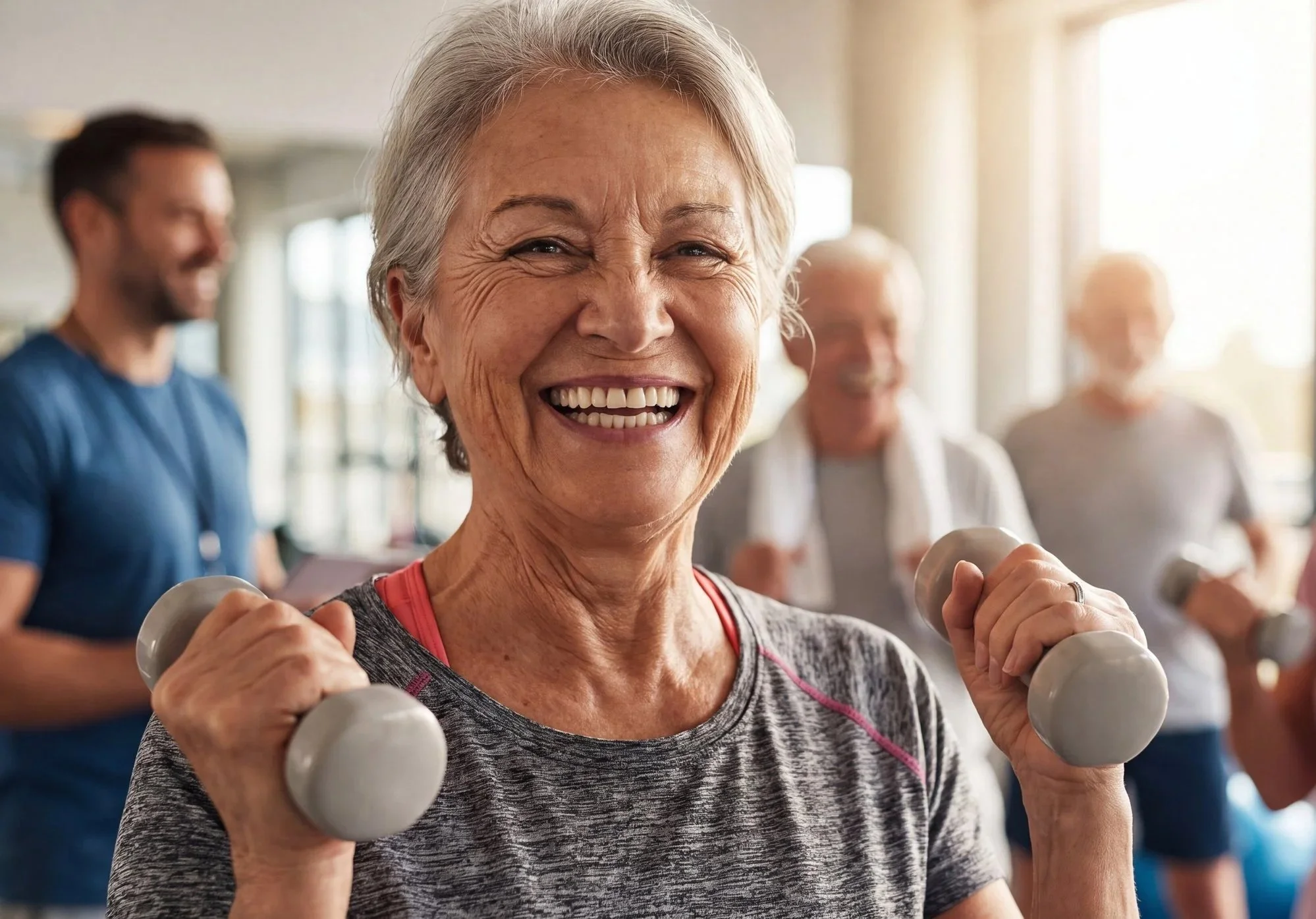An elderly woman with gray hair smiling while working out with dumbbells in a gym, surrounded by other people exercising.  Personal Training for the over 50's. Ramsbury, Wiltshire.