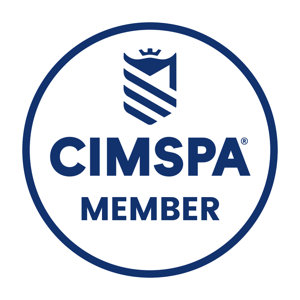 CIMSPA Member badge with a blue circular border, a stylized torch icon, and the text 'CIMSPA MEMBER' in blue.