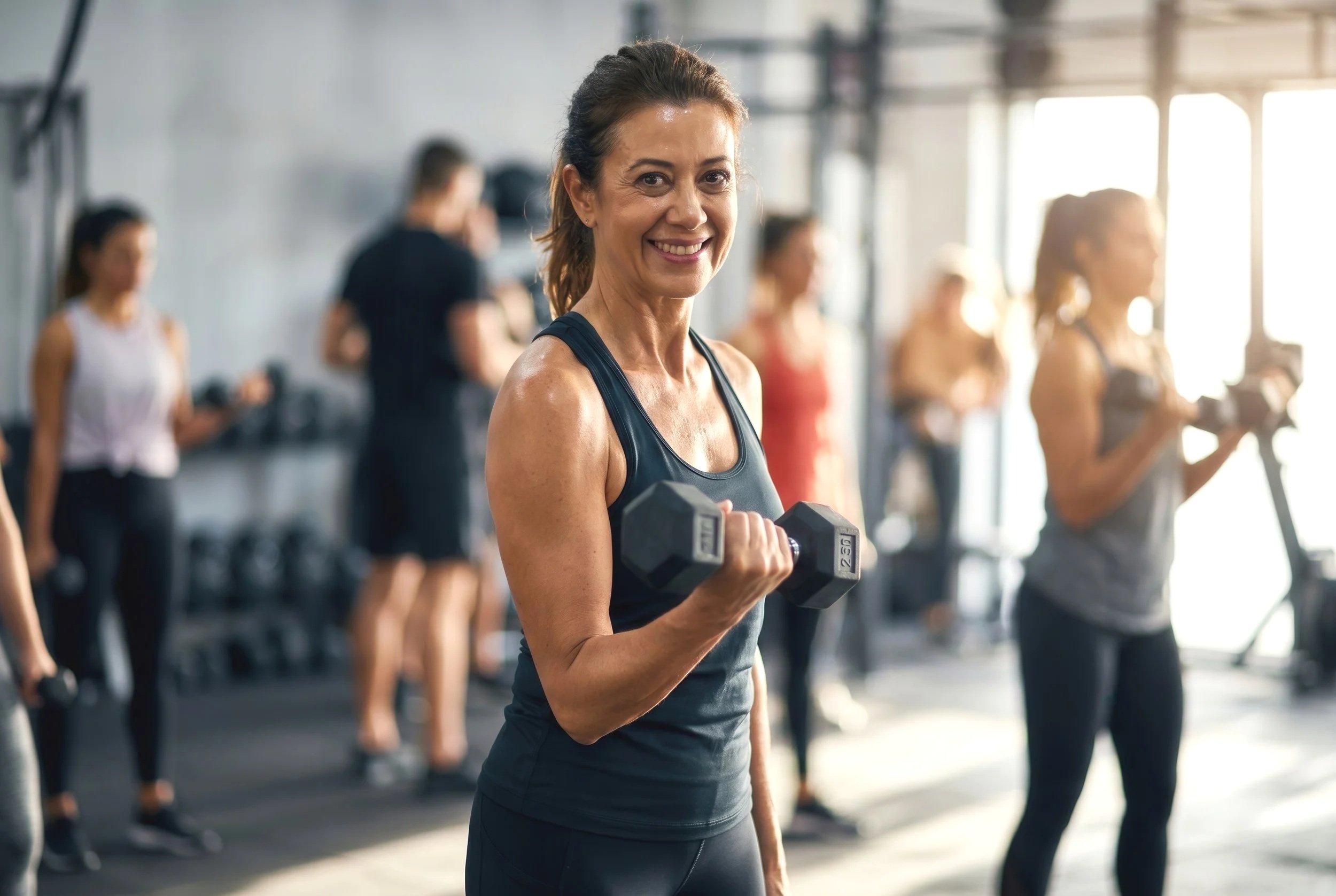 A woman smiling and holding a dumbbell during a workout in a gym with other women exercising in the background.  Personal Training for the over 50's. Ramsbury, Wiltshire.