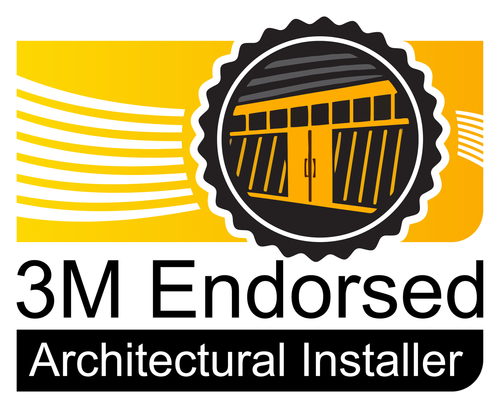 3M Endorsed Architectural Installer logo featuring a stylized image of a building facade with a yellow and black color scheme.