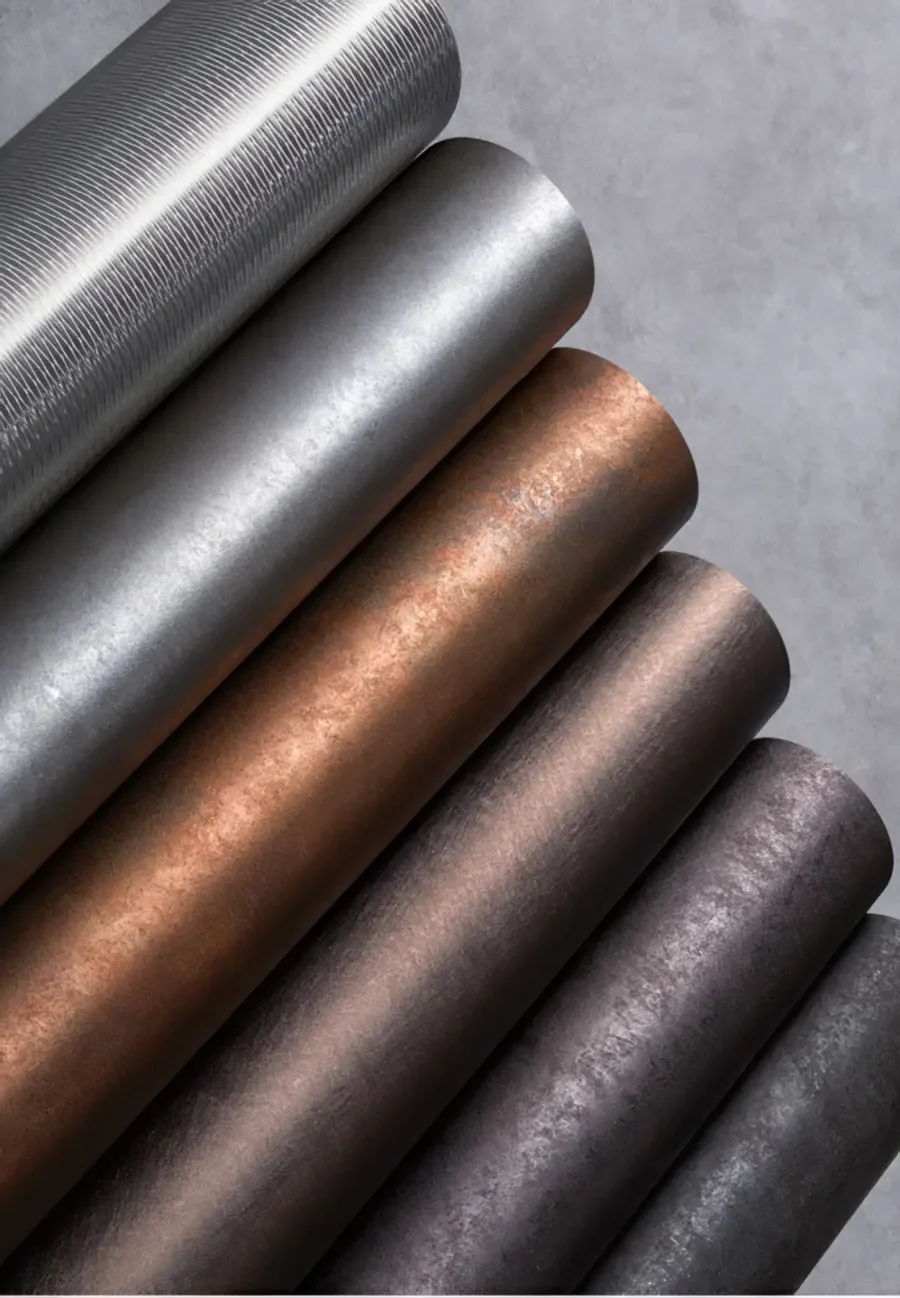 A close-up of five metallic cylindrical rods in varying shades from silver to bronze to dark gray, arranged diagonally on a gray surface.