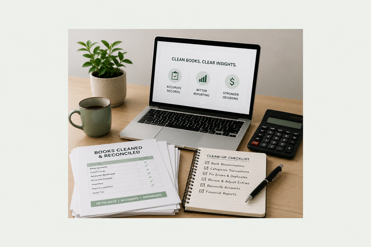 A desk setup with a laptop displaying a financial report, a green plant, a mug of coffee, a stack of printed financial documents, a notebook with a checklist, a pen, and a calculator.